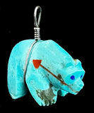 Turquoise and Sterling Silver Bear Pendant Zuni Indian Stone Animal Carving