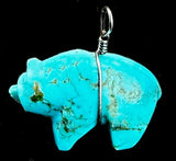 Turquoise and Sterling Silver Bear Pendant Native American Stone Animal Carving