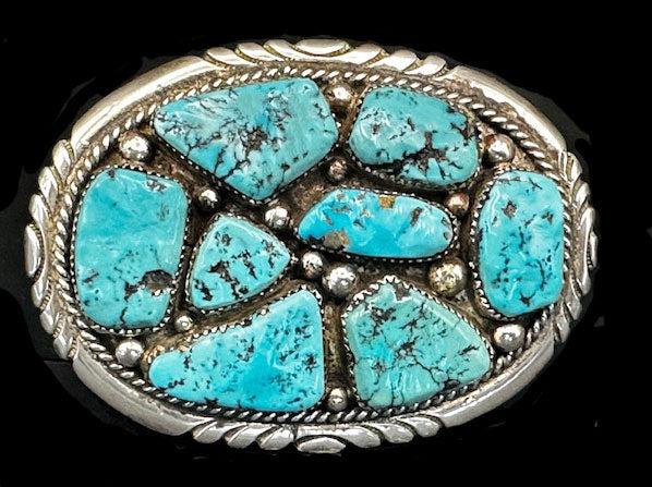 Robert and Bernice Leekya Kingmman Turquoise  and Sterling Silver Belt Buckle