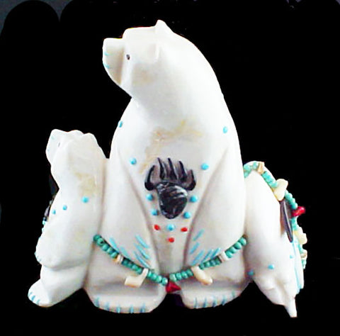 Three Bears Sculpture Zuni Indian Hand Carved Stone Animal Fetish