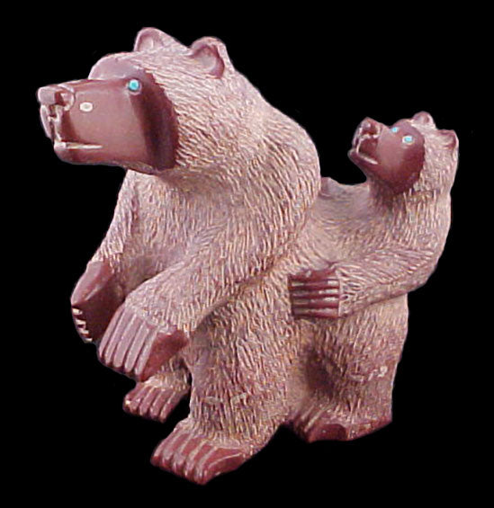 Mother and Cub Bear Sculpture Zuni Indian Stone Animal Carving
